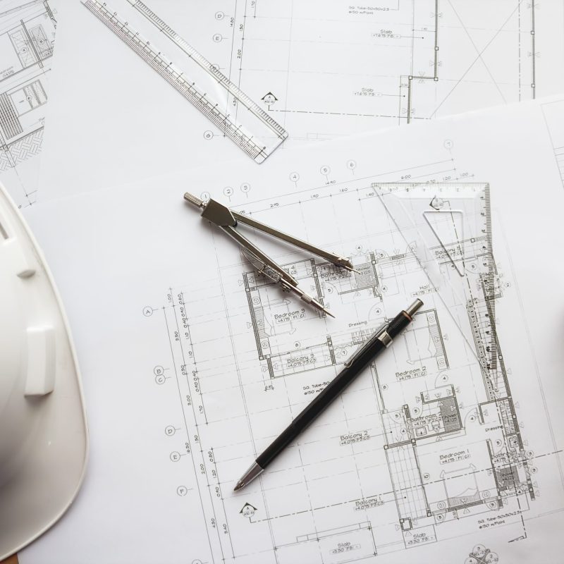 Image of engineering objects on workplace top view.Construction concept. Engineering tools.Vintage tone retro filter effect,soft focus(selective focus)